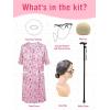 imageCupohus Womens Old Lady Wig Costume Set 100 Days of School Adult Granny Dress Cosplay 8PCS Set Grandma Wig and Cap Retro Glasses with Chain Faux Pearl Jewelry Cane Blue Floral Dress OutfitPink