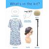 imageCupohus Womens Old Lady Wig Costume Set 100 Days of School Adult Granny Dress Cosplay 8PCS Set Grandma Wig and Cap Retro Glasses with Chain Faux Pearl Jewelry Cane Blue Floral Dress OutfitBlue
