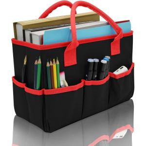 imageCupohus Art Organizer Craft Storage Tote Bag with Pockets and Hadles Oxford Fabric Carrying Caddy for Teacher Officer Artist Students Traveler and more  Black with Grey EdgeBlack