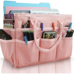 imageCupohus Art Organizer Craft Storage Tote Bag with Pockets and Handles Oxford Fabric Carrying Caddy for Teacher Officer Artist Traveler and more Dark GreenPink