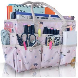 imageCupohus Art Organizer Craft Storage Tote Bag with Pockets and Handles Oxford Fabric Carrying Caddy for Teacher Officer Artist Traveler and moreLittle Blue FlowerPink Fruit