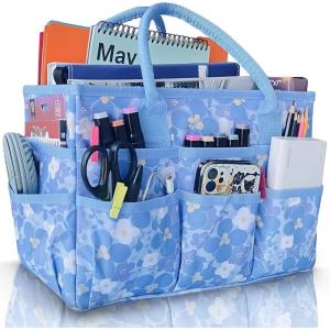 imageCupohus Art Organizer Craft Storage Tote Bag with Pockets and Handles Oxford Fabric Carrying Caddy for Teacher Officer Artist Traveler and moreLittle Blue FlowerLittle Blue Flower