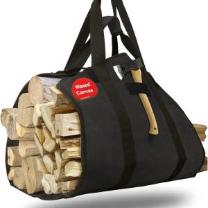 imageCupohus Extra Large 2in1 Firewood Carrier Waxed Canvas Bag 44x23 Heavy Duty Log Holder Tote Bag with Handles and Shoulder Strap for Indoor Fireplace Wood Stove Accessories Outdoor Camping GreenBlack