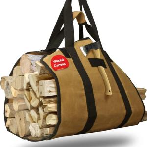 imageCupohus Extra Large 2in1 Firewood Carrier Waxed Canvas Bag 44x23 Heavy Duty Log Holder Tote Bag with Handles and Shoulder Strap for Indoor Fireplace Wood Stove Accessories Outdoor Camping GreenKhaki