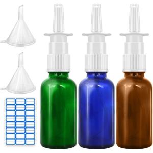 imageCupohus Nasal Spray Bottle 3 Pcs 30ML1oz Cobalt Blue Glass Refillable Fine Mist Sprayers Atomizers Travel Sized Empty Nasal Sprayer with Funnels and LabelsMulticolored