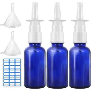 imageCupohus Nasal Spray Bottle 3 Pcs 30ML1oz Cobalt Blue Glass Refillable Fine Mist Sprayers Atomizers Travel Sized Empty Nasal Sprayer with Funnels and LabelsBlue