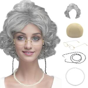 imageCupohus Old Lady Costume Set Grandma Wig 100 Days of School Costume Madea Granny Glasses Eyeglass Chains Cords Faux Pearl Bead Necklace Old Lady Cosplay Set Grey Afro with Hair RollersLight Grey Short Curly