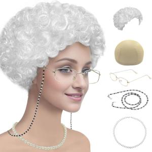 imageCupohus Old Lady Costume Set Grandma Wig 100 Days of School Costume Madea Granny Glasses Eyeglass Chains Cords Faux Pearl Bead Necklace Old Lady Cosplay Set Grey Afro with Hair Rollerswhite afro