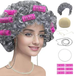 imageCupohus Old Lady Costume Set Grandma Wig 100 Days of School Costume Madea Granny Glasses Eyeglass Chains Cords Faux Pearl Bead Necklace Old Lady Cosplay Set Grey Afro with Hair RollersGrey
