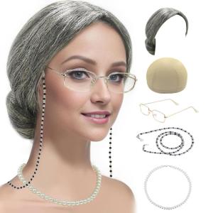 imageCupohus Old Lady Costume Set Grandma Wig 100 Days of School Costume Madea Granny Glasses Eyeglass Chains Cords Faux Pearl Bead Necklace Old Lady Cosplay Set Grey Afro with Hair Rollersgrey bun