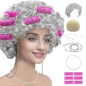 imageCupohus Old Lady Costume Set Grandma Wig 100 Days of School Costume Madea Granny Glasses Eyeglass Chains Cords Faux Pearl Bead Necklace Old Lady Cosplay Set Grey Afro with Hair RollersSilver