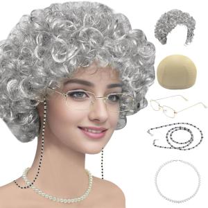 imageCupohus Old Lady Costume Set Grandma Wig 100 Days of School Costume Madea Granny Glasses Eyeglass Chains Cords Faux Pearl Bead Necklace Old Lady Cosplay Set Grey Afro with Hair Rollerssilver white afro
