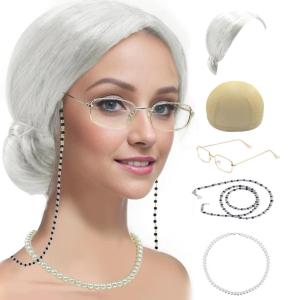 imageCupohus Old Lady Costume Set Grandma Wig 100 Days of School Costume Madea Granny Glasses Eyeglass Chains Cords Faux Pearl Bead Necklace Old Lady Cosplay Set Grey Afro with Hair Rollerssilver white bun