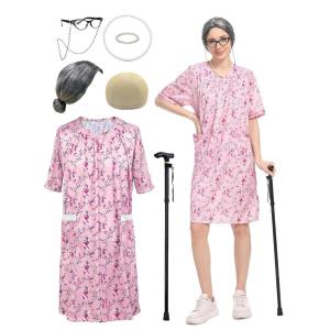 imageCupohus Womens Old Lady Wig Costume Set 100 Days of School Adult Granny Dress Cosplay 8PCS Set Grandma Wig and Cap Retro Glasses with Chain Faux Pearl Jewelry Cane Blue Floral Dress OutfitPink