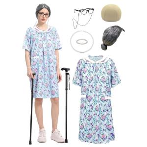imageCupohus Womens Old Lady Wig Costume Set 100 Days of School Adult Granny Dress Cosplay 8PCS Set Grandma Wig and Cap Retro Glasses with Chain Faux Pearl Jewelry Cane Blue Floral Dress OutfitBlue
